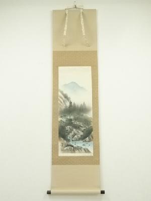 哲碓筆　彩色山水　肉筆絹本掛軸（共箱）